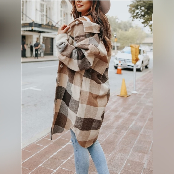 KHAKI Casual Plaid Wool Blend Pea Coat Button Down Shacket Shirt Long Jacket - Picture 4 of 4